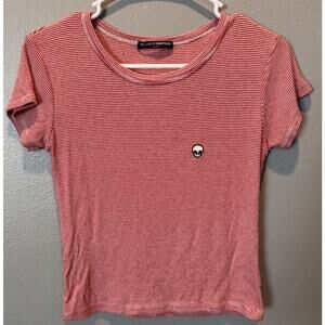 Brandy Melville Red Stripe Alien Embroidered Tee Stretch Short Sleeve One Size